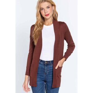 Active Basic Lightweight Open-Front Brown Cardigan With Pockets